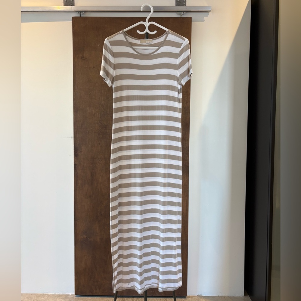 Michael Kors White and Tan Striped Maxi Dress